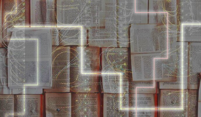 Multiple open books spread out with neon-coloured lines and bright glitch effect